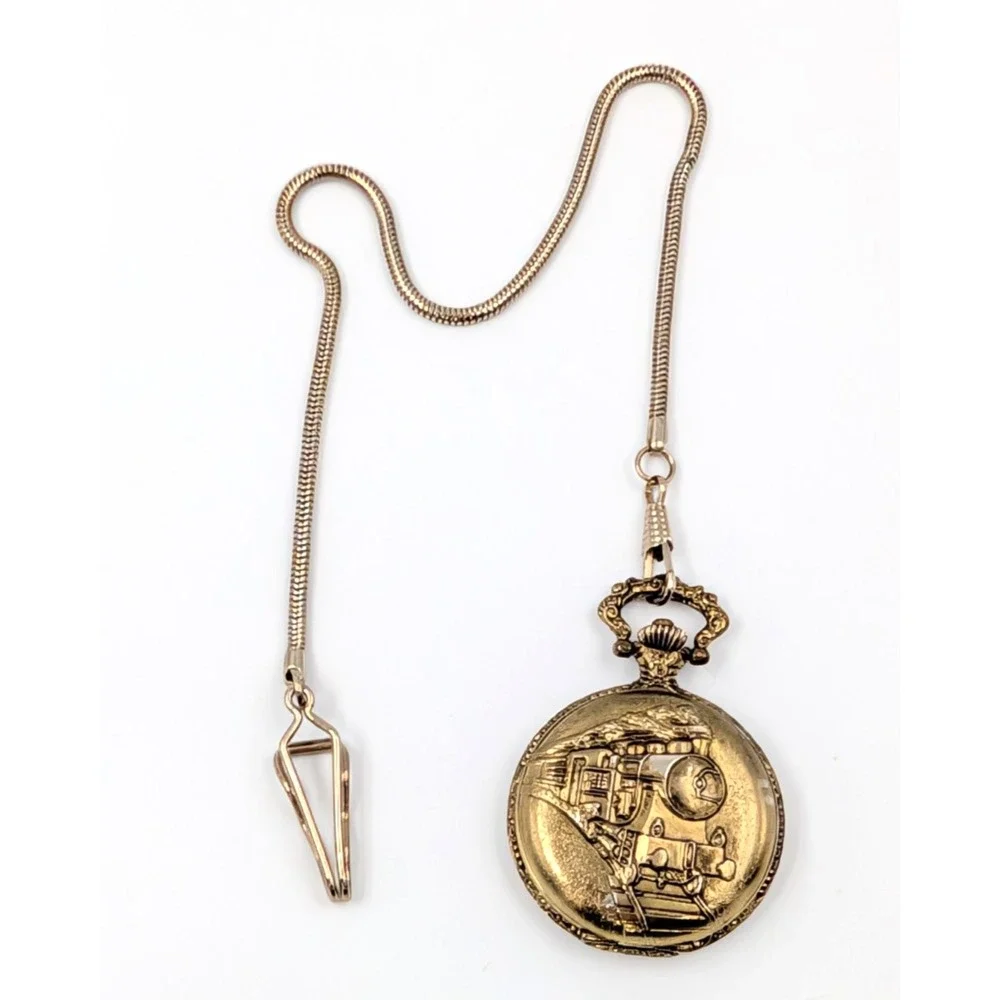 Vintage Train Pocket Watch Gold Tone Steam Engine‎ Snake Chain Steampunk